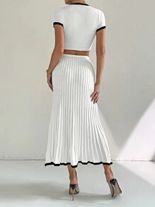 Firerie Conjunto de dos piezas de blusa de manga corta y falda de contraste de color negro y blanco, conjunto de otoño para mujer, conjuntos de faldas de otoño, suéteres de otoño, conjuntos de dos piezas para mujer, ropa de maestra, perfecto para uso diario, ir y venir, citas, temporada de vuelta al colegio