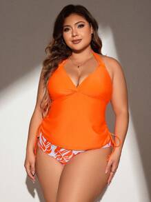 Swim Vcay Plus Summer Beach Contrast Tropical Print Drawstring Side Halter Orange Tankini Set, Bathing Suit - Multicolor - View 2