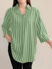 SHEIN LUNE Plus Striped Print Curved Hem Blouse Women Shirt