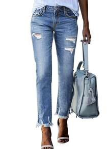 Women's Frayed Edge Denim Pants With Multiple Front Buttons And Pockets, Suitable For Daily Casual Wear
