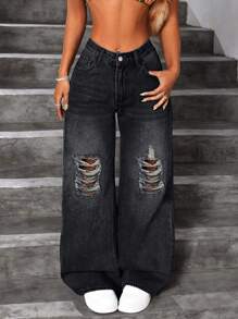 Women Street-Style Baggy Long Stacked Ripped Straight-Leg Jeans - Black - View 1