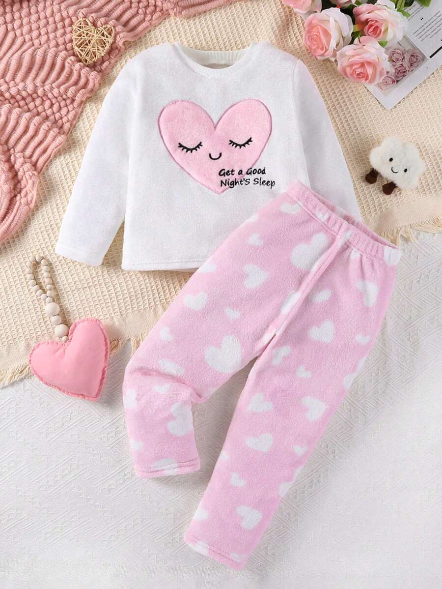 2 件套年轻女孩粉色爱心睫毛刺绣毛绒裤和长袖休闲家居服，秋冬 - 粉色 - 查看 1