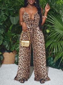 Slaydiva 2024 New Casual Streetwear  Leopard Print Hollow Chest Gold Chain Loose Waist Jumpsuit For Women - Z
