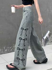 DAZY Quần jeans ống rộng in nơ đơn giản, dáng rộng, có túi cho nữ - Màu xanh lam - Xem 1