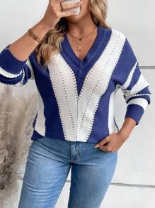 SHEIN LUNE Plus Size Women Blue & White Striped V-Neck Long Sleeve Sweater Autumn Pullover
