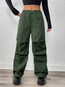 SHEIN Unity Loose Fit Drawstring Hem Casual Cargo Pants Back To School Clothes Fall Women Clothes - Army Green - View 4