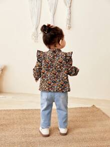 SHEIN LMoss Kids LMoss 女婴 女婴 休闲 可爱 花朵 荷叶边 下摆 长袖 上衣 - 彩色 - 查看 3