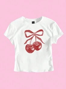 少女休闲水果樱桃印花短款修身圆领T恤，适合夏季度假穿着