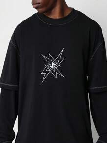 SUMWON Camiseta de manga larga de doble capa con detalle de costura a contraste - Negro - Ver 3