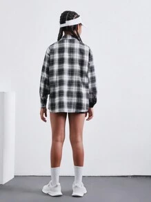 SHEIN 3 Stücke Strickfarben-Blockweste, Leggings und kariertes Hemd mit Kragen Freizeitoutfitset für Tween-Mädchen