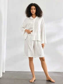 Ocili Leisure Ladies' Solid Color Long Sleeve Front Button Top And Shorts Summer Pajama Set - White - View 7