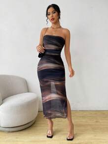 Selianne Tie Dye Printed Strapless Slit Mid-Length Tube Dress Maxi Women Outfit - Brown - View 6