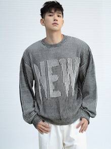 DAZY Men's Round Neck Striped Sweater With Letter Print, Long Sleeve, Spring And Autumn - Black and White - View 7