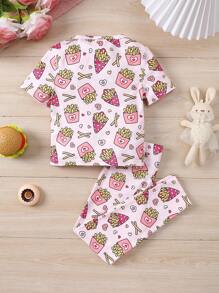 SHEIN Cô Gái Trẻ Dệt kim Sọc Khoai tây chiên In Vòng cổ Áo Và Quần Vừa Khít Trang phục mặc nhà Bộ - Nhiều màu - Xem 2