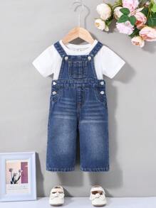 SHEIN Baby Girls  Denim Jumpsuit With Pockets Denim Jumpsuit Without Tee Summer Outfits