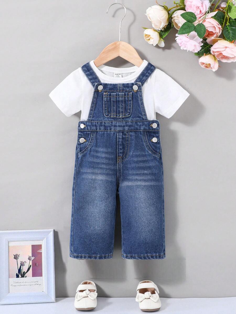 SHEIN Baby Girls  Denim Jumpsuit With Pockets Denim Jumpsuit Without Tee Summer Outfits