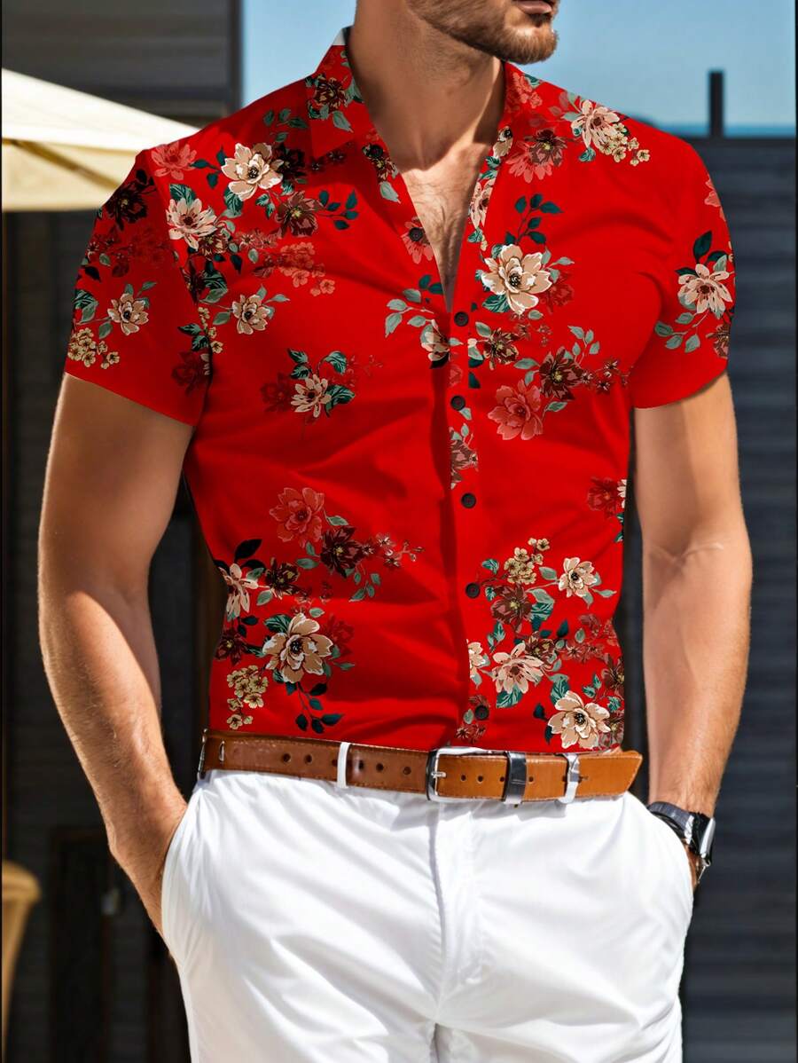 Manfinity RSRT Men's Summer Holiday Floral Print Casual Loose Short Sleeve Shirt - Red - View 1
