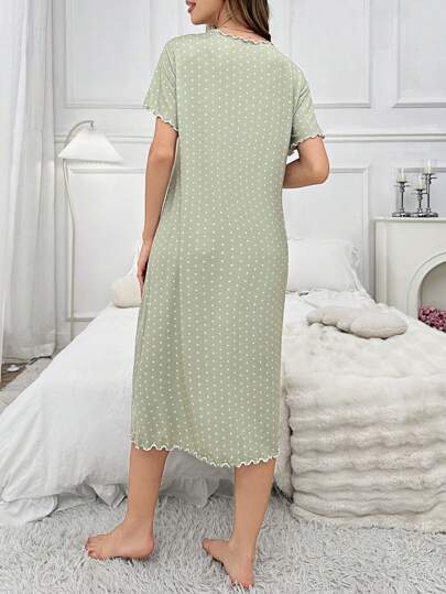 Round Neck Polka Dot Lettuce Pajama Nightdress Long Dress view 2