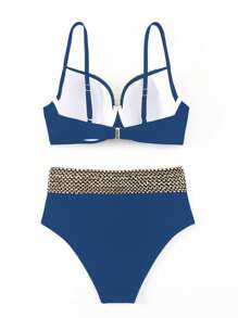 SHEIN Swim 女性性感夏季海灘拼接束帶比基尼套裝，帶推擠和鋼圈 - 水鴨藍 - 查看 6
