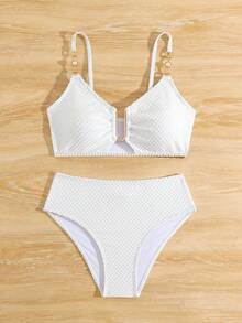 Tween Girl Simple And Elegant Cocoa Bead Material Bikini Set Two-Piece Set Summer Beach - White - View 6