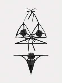 Spicy Aura 2pcs/Set Women's Sexy Embroidered Strap Wireless Bra And Panties Lingerie - Black - View 2
