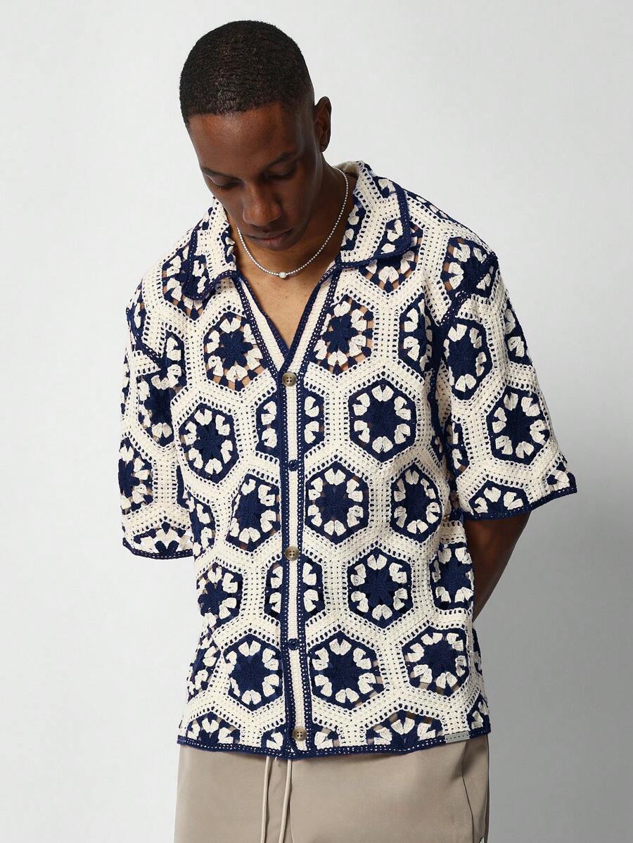 SUMWON Button Through Crochet Knit Shirt - Multicolor - View 1