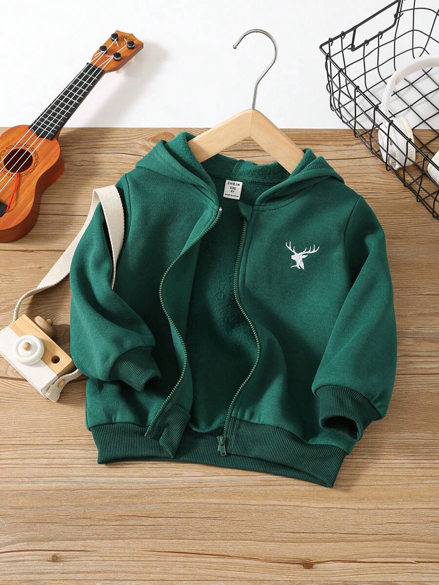 1入青少年休閒大學風寬鬆舒適連帽拉鍊運動衫，鹿刺繡，秋/冬季 - 墨綠色 - 查看 1