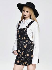 ROMWE Goth Lässige Damen Jeanslatzhose und Jumpsuit mit gotischen Drucken von Sonnen, Mond und Sternen