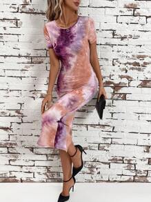 SHEIN Clasi Vestido turquesa elegante de mujer con corte ajustado y diseño abstracto impreso - Morado - Ver 6