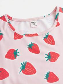 SHEIN Tween Girls' Round Neck Strawberry Pattern Knitted Comfortable Sleep Dress - Pink - View 3