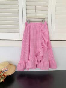 Tween Girl's Off-Shoulder Puff Sleeve Short Top & Ruffle Hem Mini Skirt Set - Pink - View 7