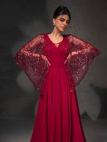 New High-End Red V-Neck Lace Shawl Evening Dress Set - Red - View 3