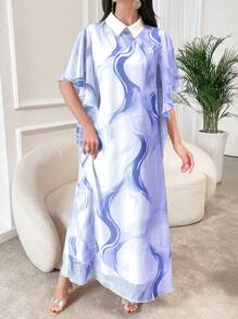 Al Najma 女式随机印花阿拉伯连衣裙 - 藍色 - 查看 6