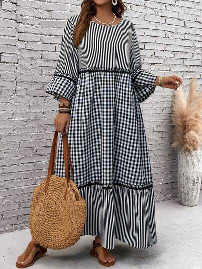 EMERY ROSE Plus Size Women's Summer Striped Plaid Splicing Loose Long Round Neck Flare Sleeve Dress