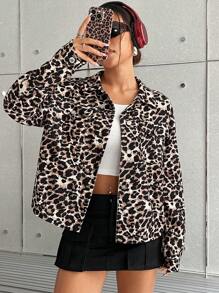 SHEIN EZwear Corduroy Leopard Print Woven Women's Fashionable Long Sleeve Open Front Jacket - Multicolor - View 6