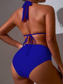 SHEIN Swim Summer Beach Women's Solid Color V-Neck Tie Back Halter Backless Sexy Tankini Set - Royal Blue - View 2