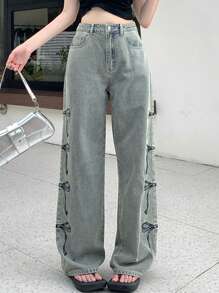 DAZY Quần jeans ống rộng in nơ đơn giản, dáng rộng, có túi cho nữ - Màu xanh lam - Xem 3