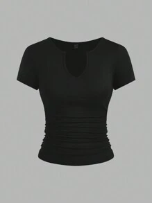 SHEIN EZwear Camiseta de verano para mujer con cuello de muesca y pliegues con unicolor, conjunto de 3 - Verde Oscuro - Ver 11