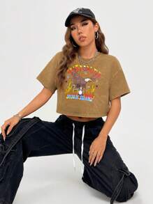 SHEIN EZwear 女款棕色老鷹重洗短袖T恤 - 棕色 - 查看 3