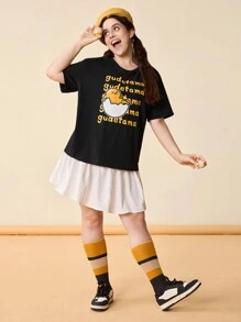 Gudetama X SHEIN Camiseta negra floja de manga corta con patrón de huevo impreso fresco 'Dopamina' linda y casual de talla grande para el verano, estilo urbano - Negro - Ver 6