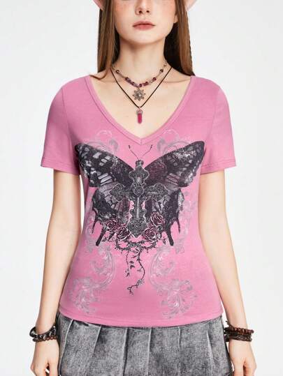 Camiseta de mujer con estampado retro Y2K de cruz y mariposa