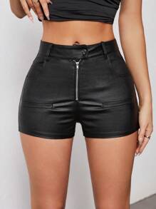 SHEIN EZwear 女士純色簡約風格牛仔短褲，日常穿著 - 黑色 - 查看 6
