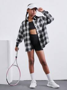 SHEIN 3 Stücke Strickfarben-Blockweste, Leggings und kariertes Hemd mit Kragen Freizeitoutfitset für Tween-Mädchen