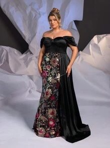 Glamrae Vestido elegante de noche de fiesta, boda o graduación con hombros descubiertos, drapeado lateral, efecto de cola de sirena, lentejuelas florales y tela de satén negro con elastano para tallas grandes - Negro - Ver 1