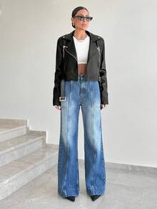 EURMUSE Zip Up Belted PU Leather Moto Jacket - Black - View 7