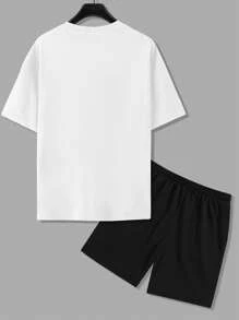 Manfinity Homme 男士青春街头风格运动短袖 T 恤和短裤套装，适合音乐节和日常穿着，送给男朋友或丈夫的礼物，体现街头服饰和 Y2K 风格，男士两件套服装，男士印花短袖上衣和短裤套装，舒适服装 - 黑與白 - 查看 6