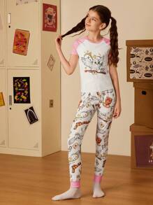 HARRY POTTER X SHEIN Tween Girl Cartoon Owl Hedwig Printed Color Block Raglan Sleeve Top And Gryffindor House  Pants Snug Fit Pajama Set