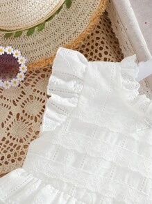 Vestido estilo princesa de unicolor para niñas pequeñas con cuello de encaje y manga corta para fiestas - Blanco - Ver 4