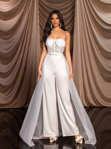 SHEIN Belle 優雅華麗無肩帶蕾絲拼接彈性針織緞面喇叭褲女士派對連身褲 - 米色 - 查看 5