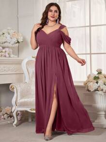 UNITHORSE Plus Size Women Off Shoulder Short Sleeve Chiffon Bride Dress - Red Violet - View 4
